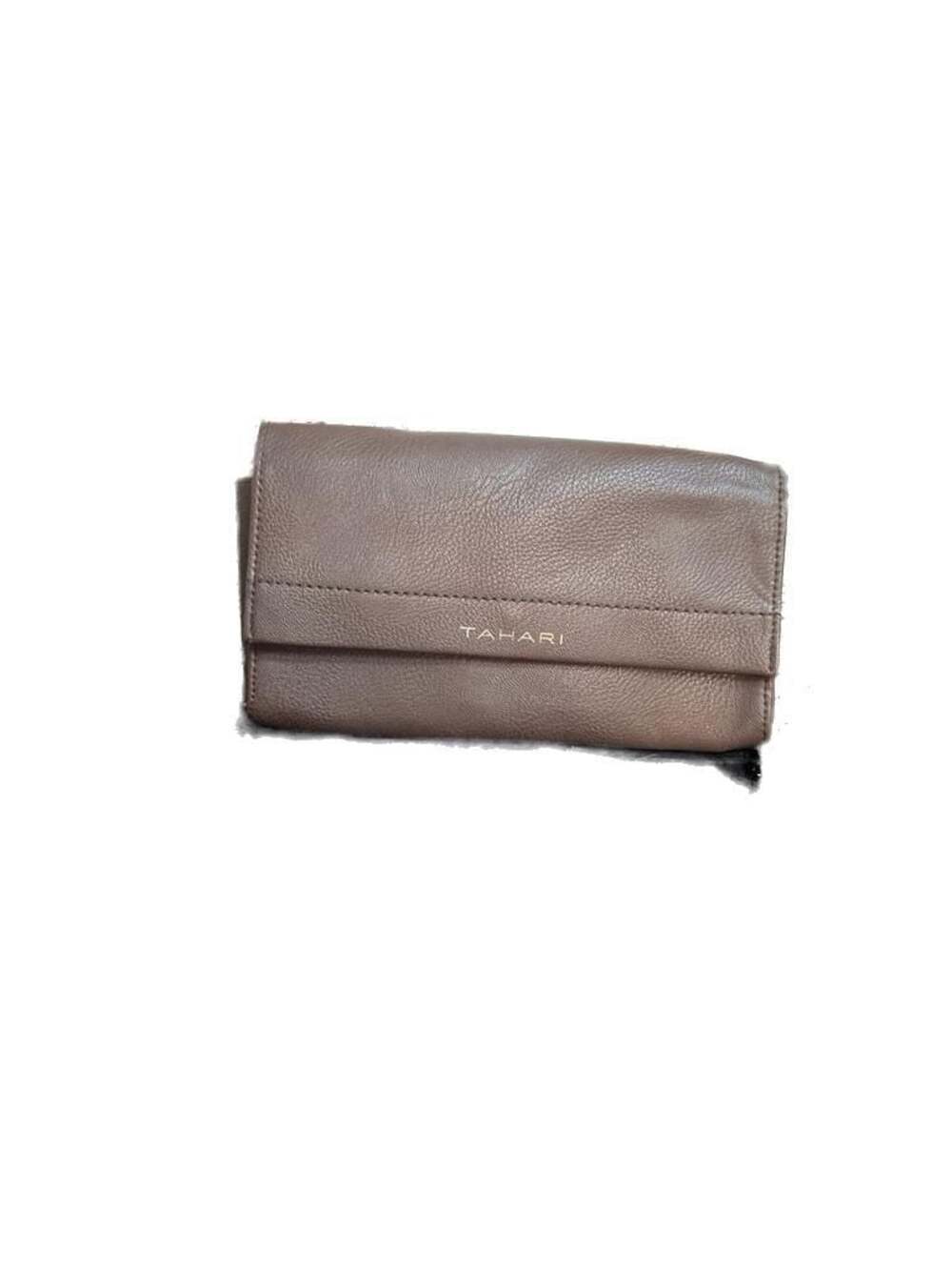Tahari Brown Pebbled Leather RFID Wallet Clutch with Removable Leopard Pouch